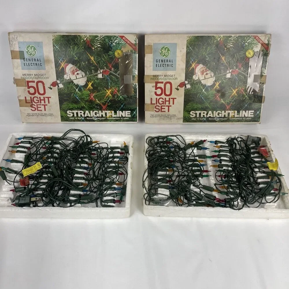 2 Vintage GE 50 Merry Midget Straight Line Christmas Lights in Box ~ 95% Working